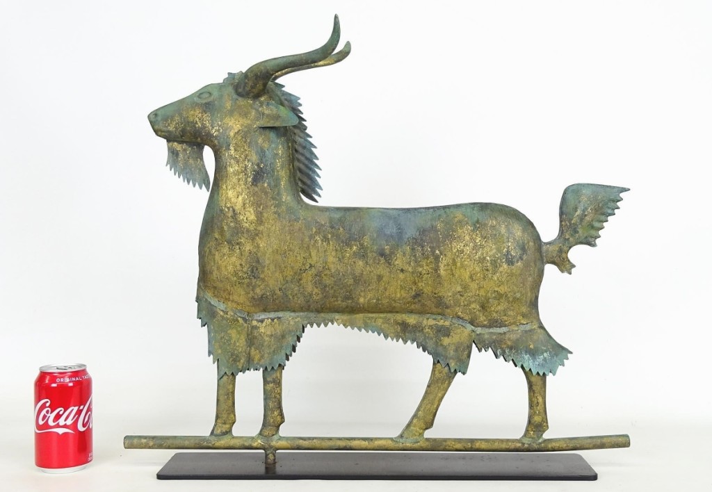 Speaking to the uncommon nature of the form, Fallon said, “For every ten horses you get, there’s one goat.” This weathervane, with weathered gilt surface, measured 24 inches long and sold for $10,030.