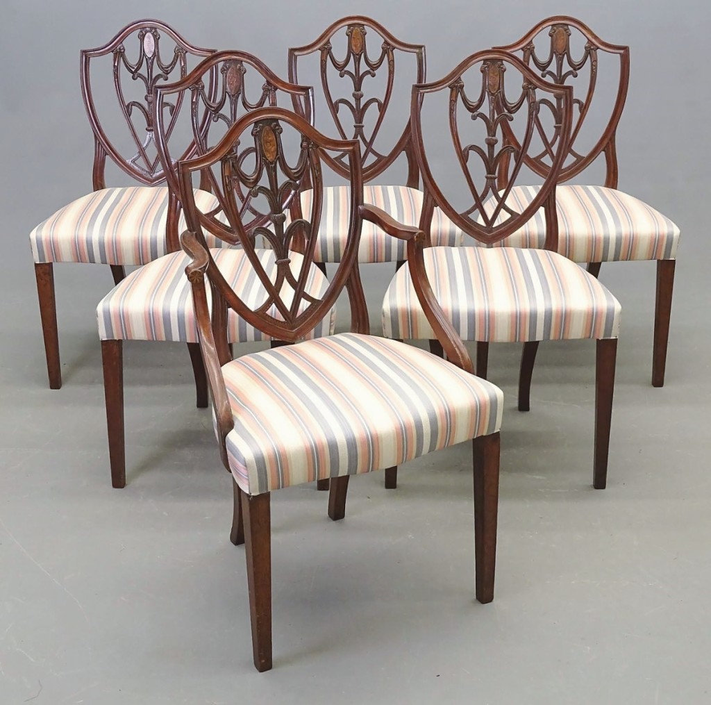 Consigned from a family that had roots in early Boston was this set of six Nineteenth Century Hepplewhite shield-back dining chairs with cotton flower inlay. The auctioneer noted that the chairs were possibly from South Carolina or Georgia. The group was the highest selling piece of American furniture in the sale as it brought $6,195.