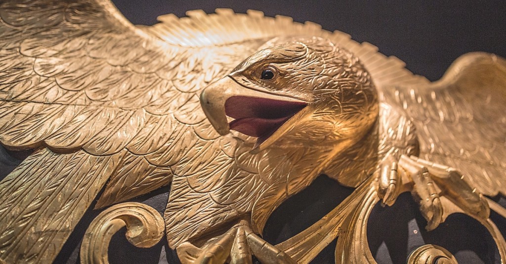 Detail of eagle stern board carving attributed to Campbell & Colby of Mystic, Conn.