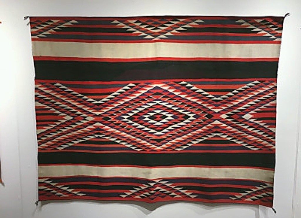A stunningly beautiful “Banded First Phase” weaving with a spectacular middle band, 61 by 82 inches, was priced $15,000. The Germantown chief blanket eye dazzler was Navajo, Four Corners, circa 1890-1910, and shown by Terry DeWald American Indian Art, Tucson, Ariz.