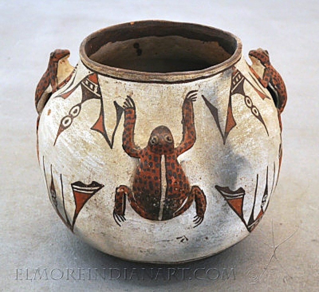 Frog jars supposedly were used in Zuni kivas for ceremonies, although some of them later became more popularized as tourist items. Santa Fe dealer Steve Elmore offered this large, traditional Zuni olla with applied leopard frogs from around 1890-1900, 10 inches high and 12 inches in diameter. “It is an early historic jar and is unsigned,” said Elmore.