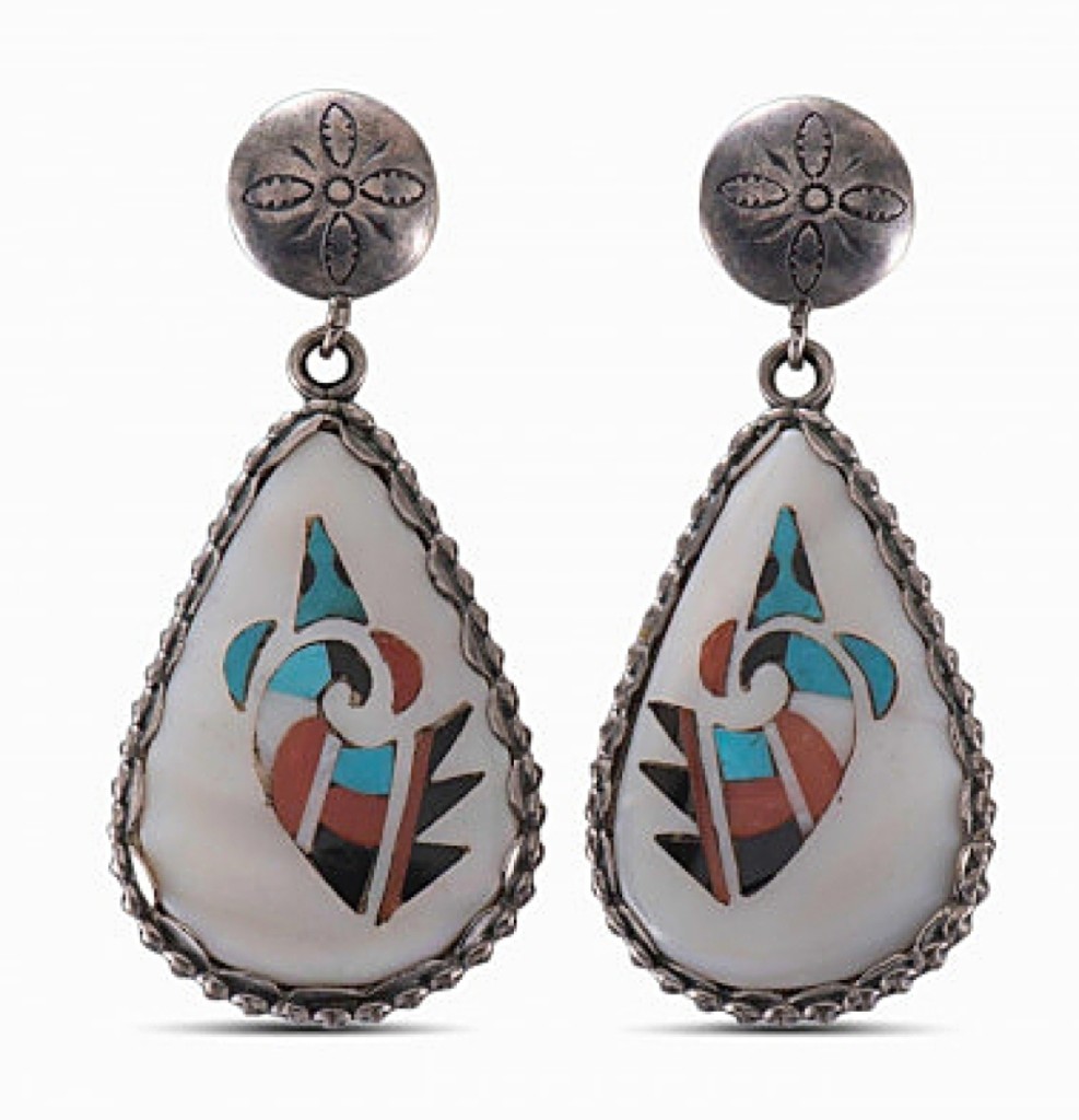 Leo Poblano (Zuni) inlay earrings were marked “sold” at Four Winds Gallery, Pittsburgh, Penn. The elaborate multi-stone earrings, CG Wallace era, are attributed to Leo Poblano (1905-1959), Zuni Pueblo.