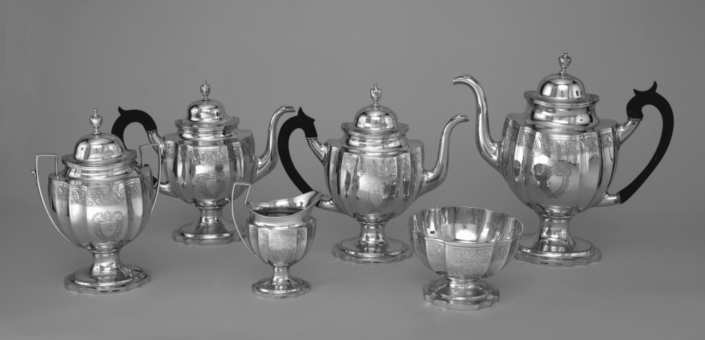 Tea and coffee service by Littleton Holland (1770-1847), Baltimore, circa 1800. Silver, wood.