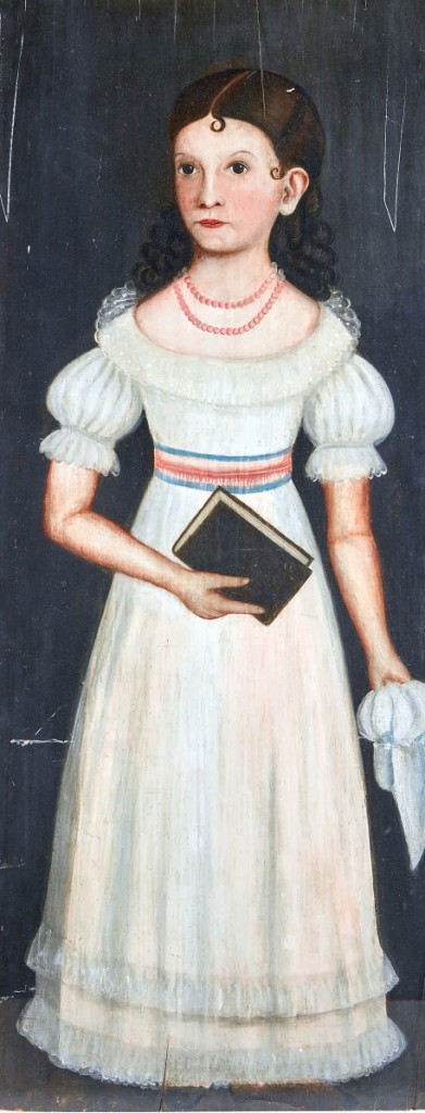 “Cornelia Eliza Morse,” an American School portrait in oil on panel, circa 1830, 46 by 18¼ inches, brought nearly three times its high estimate at $88,200. — Vineyard Dreams