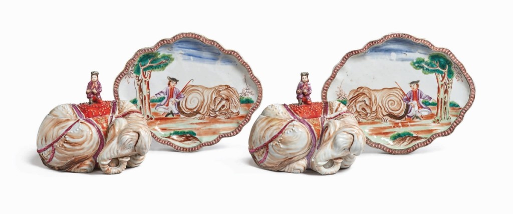 Topping Sotheby’s sale of silver, Chinese export and prints was this rare pair of Chinese export elephant-form tureens, covers and stands, Qing dynasty, Qianlong period, circa 1770. From a Midwestern collection, the pair sold for $176,400, nearly twice the high estimate.