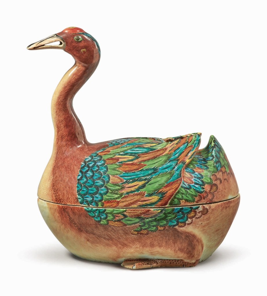 Finishing at $107,100 at 16 inches high was a rare Chinese export goose-form tureen and cover, Qing dynasty, Qianlong period, circa 1770. — Silver, Chinese Export and Prints