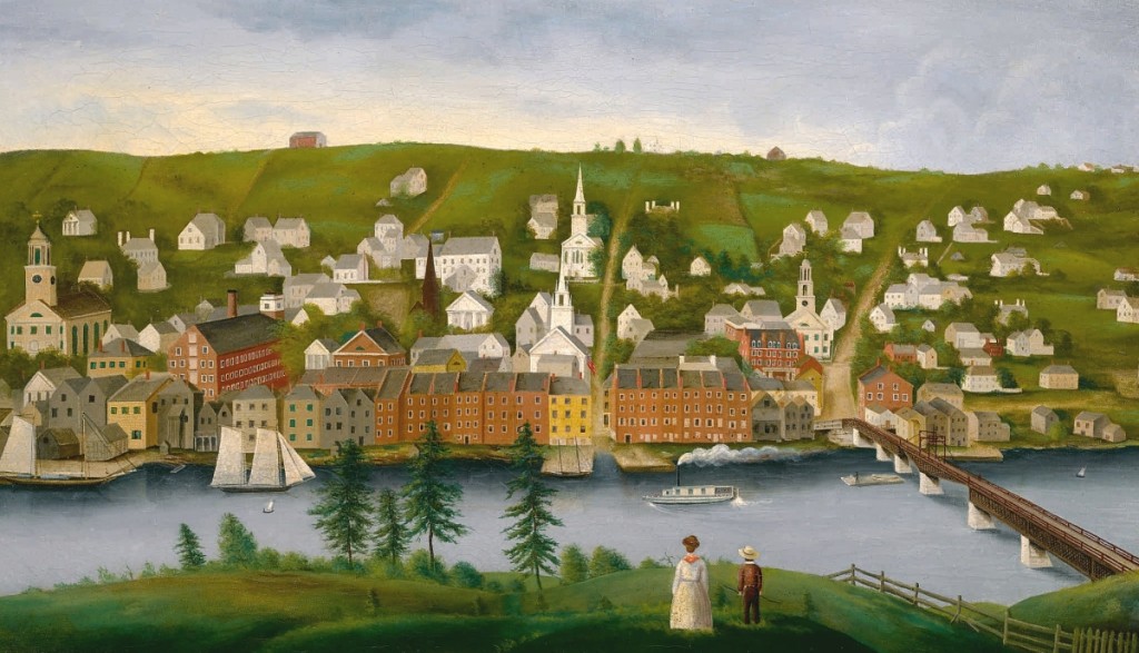 From the estate of Margaret P. Gregory came an American School, Nineteenth Century oil on canvas view of Hallowell, Maine, circa 1860, that was bid to $201,600. — Important Americana Furniture and Folk Art