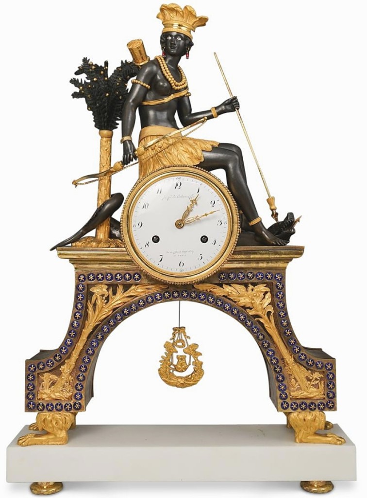 This “American Indian” French Empire gilt-bronze mantel clock won top-lot honors, selling to a collector in France for $35,960. It was one of several clocks from a West Palm Beach, Fla., collection in the sale; Akiba Antiques co-owner Alexander Anapolsky described the craftsmanship of this clock as “exceptional.” ($30/50,000).