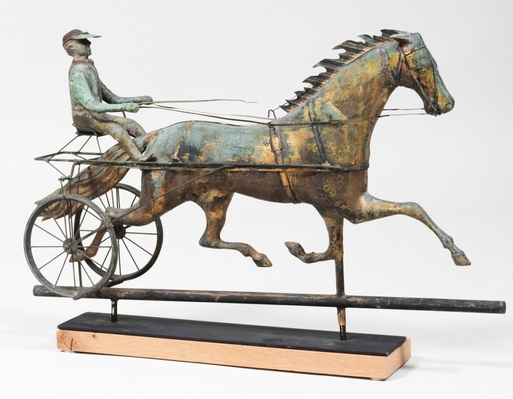 A choice American Horse and Sulky on a stand and measuring 19 by 31 by 7 inches overall, pulled in 17 bids to reach $20,480, twice its high estimate.