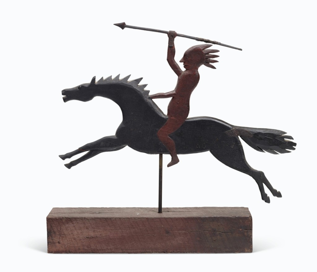 A strong price, realized right from the start of the sale, was $60,000 achieved for this red and black-painted wood Indian warrior on horseback from a distinguished Pennsylvania German collection that had at one time been in the collection of Howard and Jean Lipman ($15/25,000).