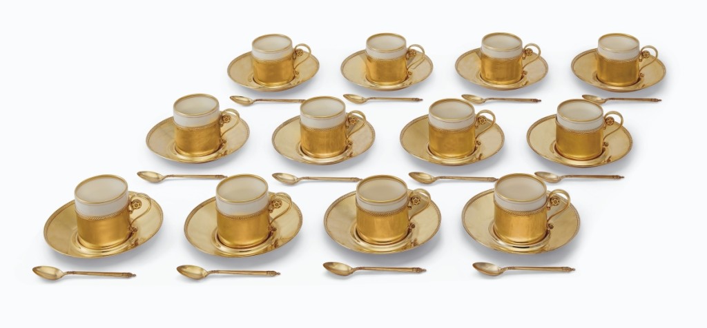 The high bar in the section of 80 lots of silver and objects of vertu was this set of 12 Tiffany 18K gold after-dinner coffee cups, saucers and spoons that dated to circa 1925. An American buyer bought them, within estimate, for $110,000 ($100/150,000).