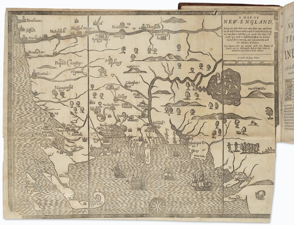 “The Present State of New-England, with the ‘Wine Hills’ map” by William Hubbard kicked off the Middendorf collection of printed Americana and brought $87,500 ($70/80,000).