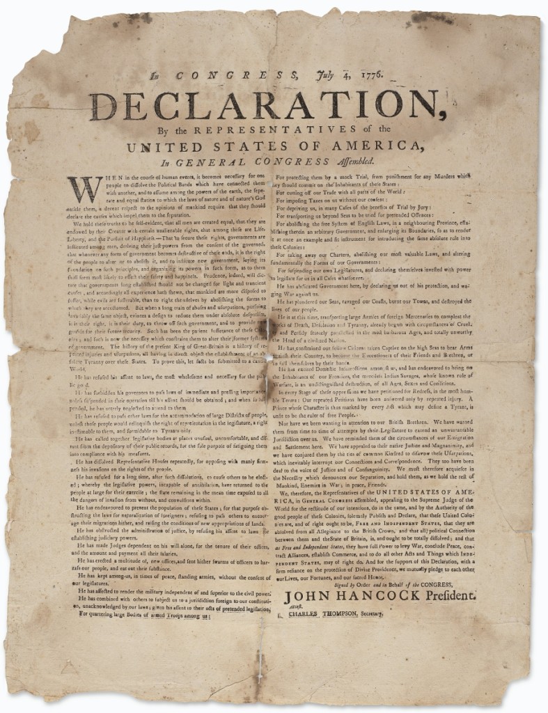 The top lot in the sale was this contemporary Dunlap edition of the Declaration of Independence, which is one of about a dozen of this version known to exist. It sold to Seth Kaller, bidding on the phone on behalf of a private collector, for $990,000 ($600/800,000).