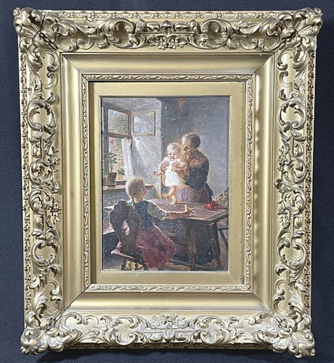Attributed to the Greek genre painter Georgios Jakobides (1853-1932), “The First Steps,” 7¾ by 10¾ inches and in its original ornate frame, marched to $7,910.