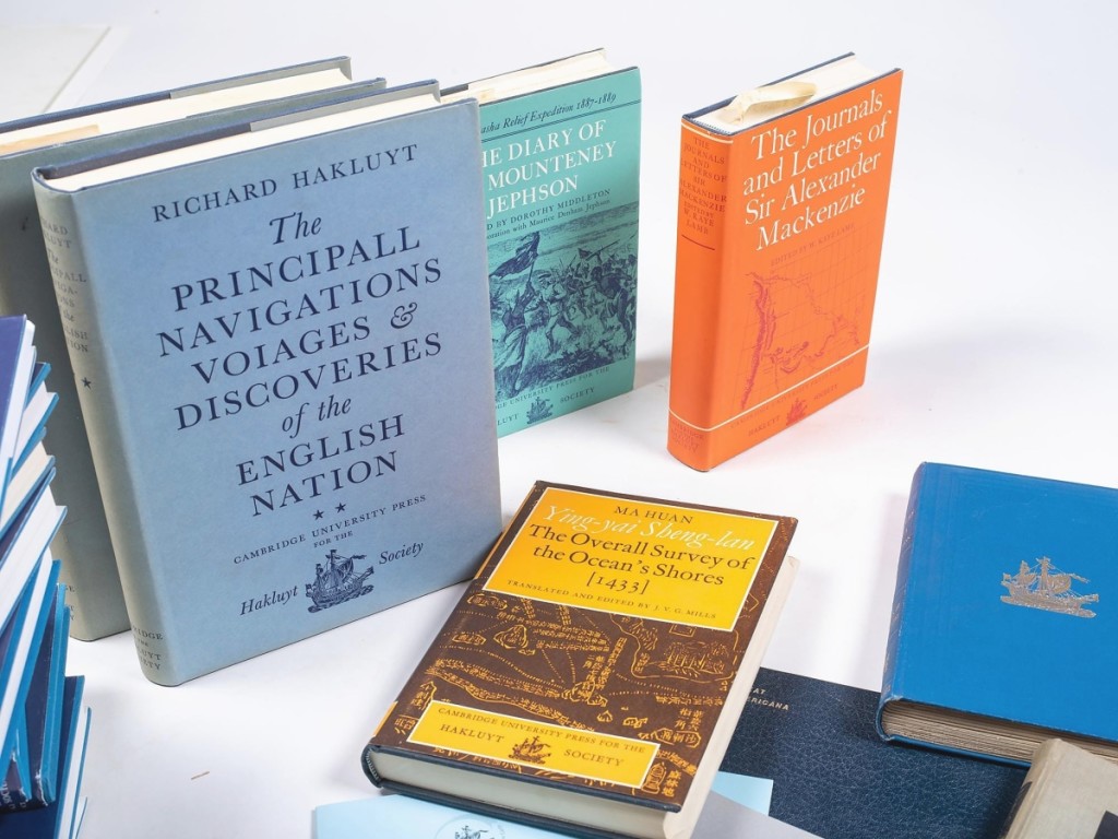 The Hakluyt Society, established in the mid-Nineteenth Century, prints early, often previously unpublished works on marine history and early voyages of exploration. This lot of 68 books, mostly published by the society, realized $7,200.