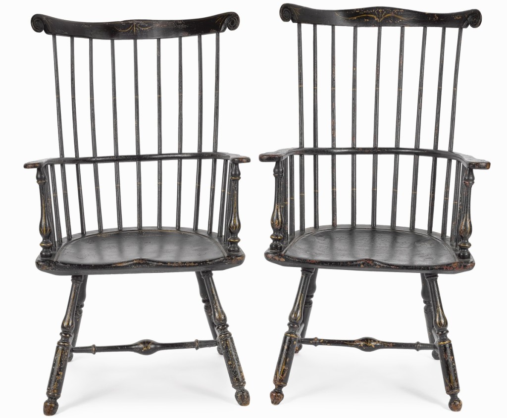 The sale’s top lot was found in this near pair of Eighteenth Century Philadelphia Windsor armchairs at $79,300. “The key there was that it was an almost pair, which is sort of unheard of in the Windsor chair market,” auctioneer Jamie Shearer said. The belief is that they were made for a husband and wife.