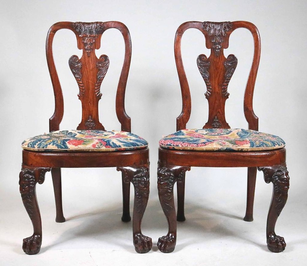 The second highest price in the sale was $159,900, realized for this pair of George II Anglo Chinese huanghuali side chairs with caned seats and squab cushions ($30/50,000).