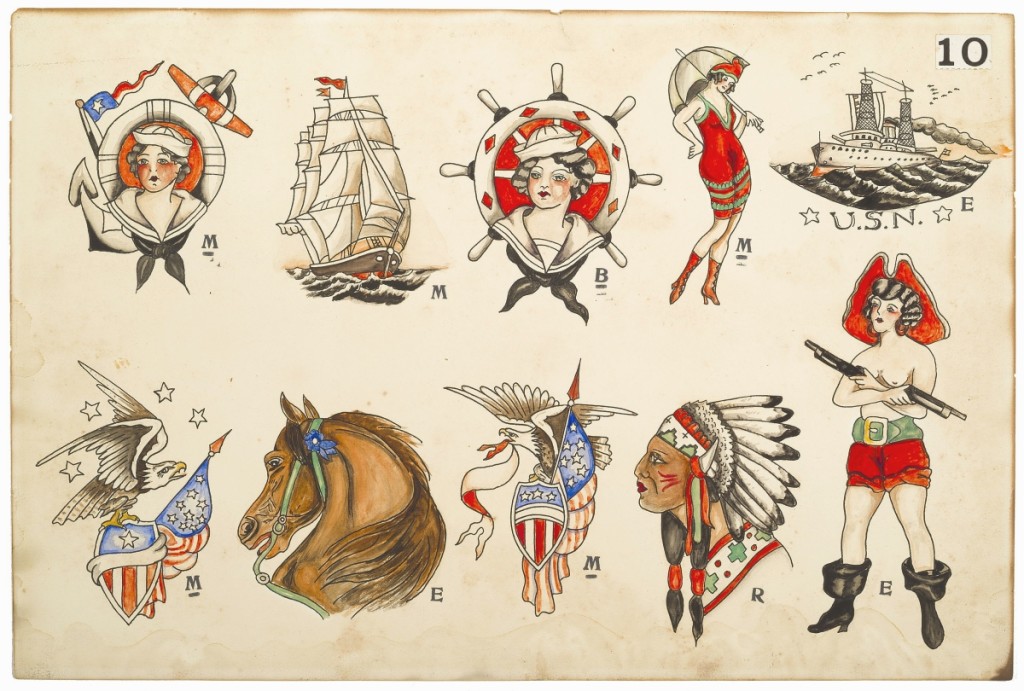 Tattoo designs painted by Edward “Dad” Liberty or his wife Lena, Boston, circa 1930. Ink and watercolor on paper, 12 by 17 inches. Courtesy of Jared Hook.