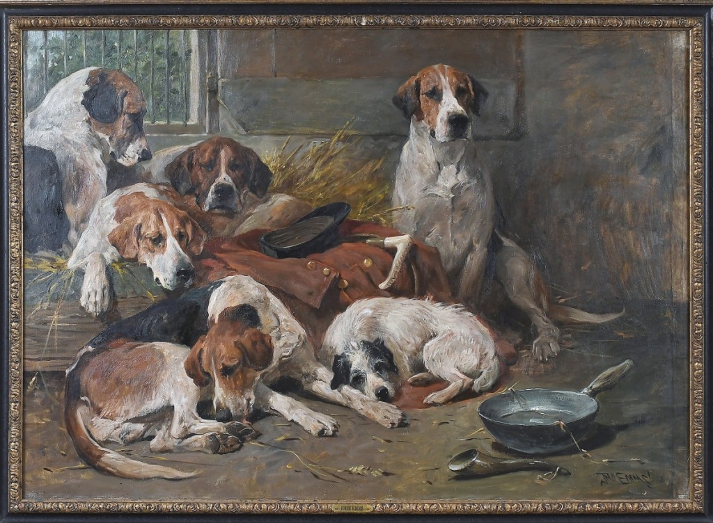 “There was a lot of private collector interest in sporting pictures, which we were very happy to see,” Brunk said of a group of several paintings from a duPont family estate in Charlottesville. Leading the group was “New Forest Buckhounds and a Terrier in the Kennel After the Hunt” by John Emms (British, 1843-1912), which brought $147,600 from a private American collector; it was the second highest price in the sale ($80/120,000).