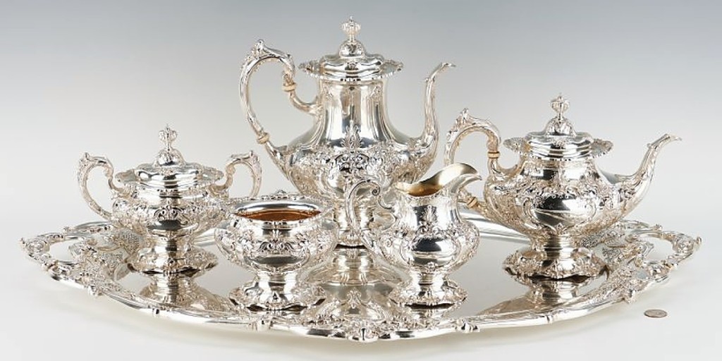 A six piece sterling service from Reed & Barton in the Francis I pattern weighed in at 311.70 ozt and sold for $16,800.