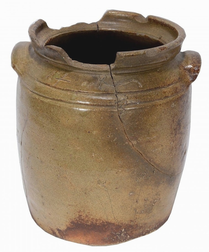 It had losses and cracks, but it was by Dave Drake during his time at the Lewis Miles Pottery. This 2-gallon jar went out at $2,500.