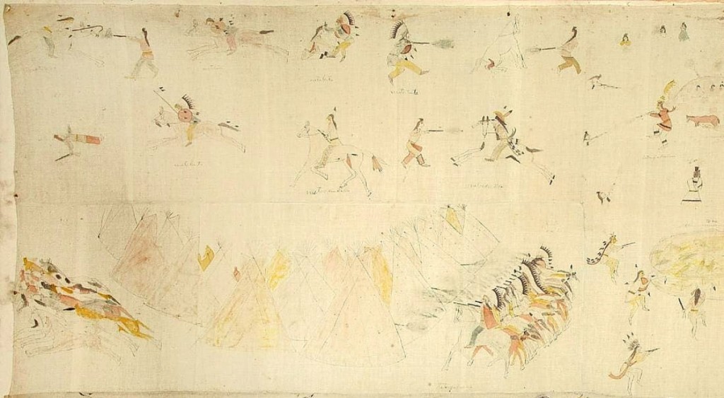 At $90,000, the top lot of the sale was this pictographic painted muslin tipi liner attributed to Mato Luta (Red Bear), a Lakota Hunkpapa. Pictured is a detail of one of the four sections, which stretched ten feet long in total. It was believed to have been created at Fort Yates during the final years of the Sioux-Cheyenne campaign.