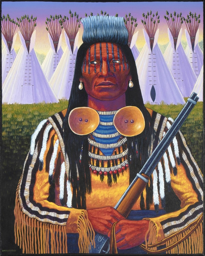 “Crow Warrior” by David Bradley (Chippewa, b 1954), acrylic on canvas, 30 by 24 inches, 1994, $11,800.