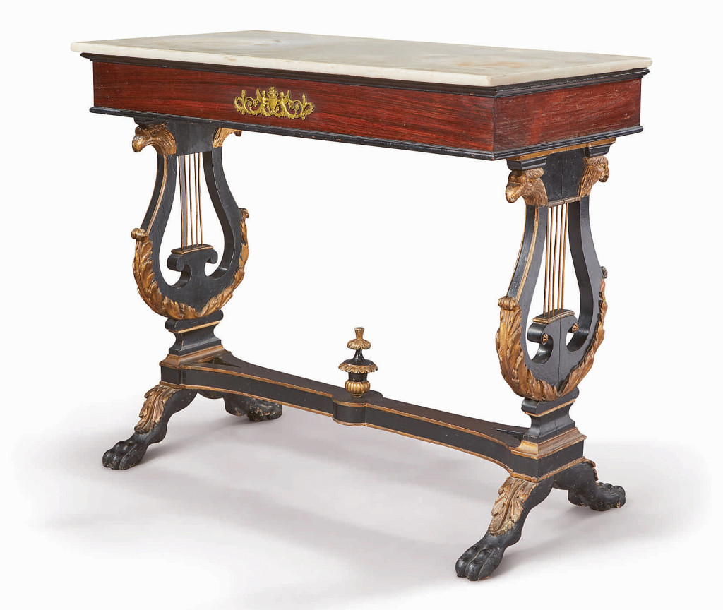Topping the week was this important classical ormolu-mounted, parcel-gilt, rosewood, ebonized wood and marble top pier table by Charles-Honoré Lannuier (1779-1819), New York, circa 1808-12. It left its high $50,000 estimate far behind when it sold for $403,200. — Important Americana Furniture and Folk Art