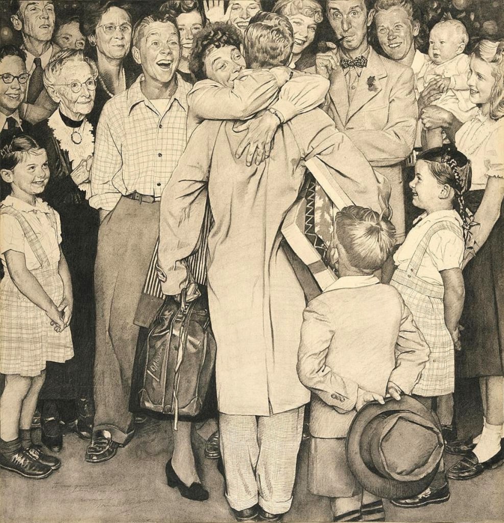 The 1948 charcoal and pencil on paper drawing “Christmas Homecoming, 1948” by Norman Rockwell was $1.1 million at Jonathan Boos, New York City. It is preliminary to a painting of the same name, now at the Norman Rockwell Museum and published on the cover of The Saturday Evening Post on December 25, 1948. All ﬁve members of Rockwell’s immediate family are depicted.