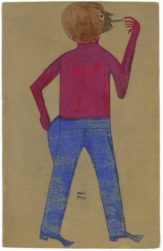 Bill Traylor’s “Red-Eyed Man Smoking” went out at $100,000. Tempera and graphite on repurposed card, 13¼ by 8¾ inches. It was included in three titles on Traylor and was internationally exhibited. William Louis-Dreyfus Foundation Collection.