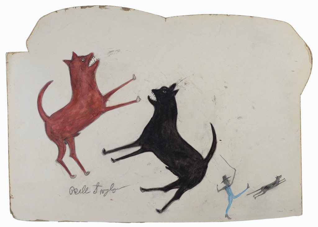The sale’s top lot was found in “Two Dogs Fighting; Man Chasing Dog” by Bill Traylor, a multicolor multi-figure work measuring 18 by 25 inches. It was once in the Gael and Michael Mendelsohn collection and featured in their book. Traylor’s signature, a rare sight, is featured in the bottom left. It sold for $293,750, making it the fifth highest Traylor at auction. Jerry and Susan Lauren Collection.