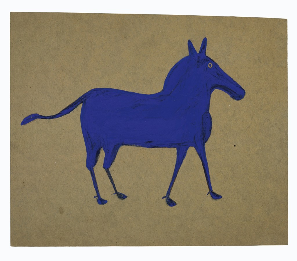 “Blue Mule” by Bill Traylor sold for $125,000. Tempera and graphite on repurposed card, 12¾ by 15 inches. Jerry and Susan Lauren Collection.