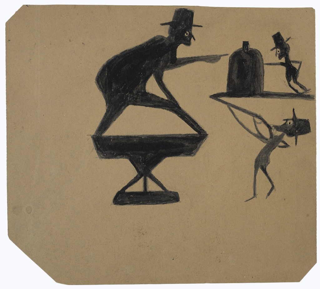 “Geometric Construction with Multiple Figures” by Bill Traylor measured 13½ by 15 inches and sold for $87,500. William Louis-Dreyfus Foundation Collection.