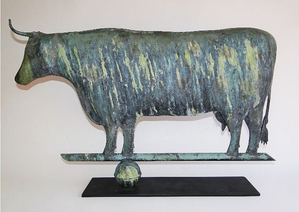 With applied zinc horns and flattened full body form, this Nineteenth Century copper cow weathervane made by Cushing and White of Waltham, Mass., featured fabulous verdigris surfaces and was in excellent condition. It was at the apex of the sale, rising to $7,500.