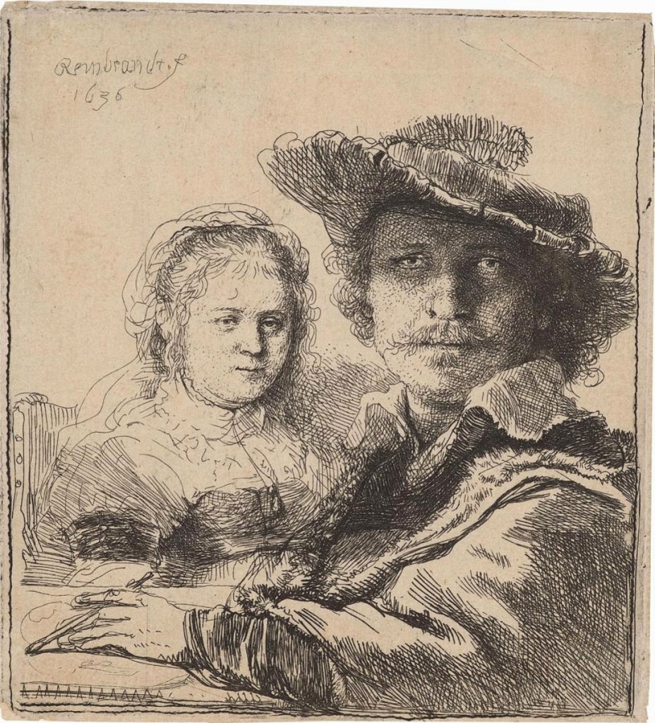 Rembrandt’s tiny print of himself with his beloved wife, Saskia, sold to a private collector at Hill-Stone, Inc. The 1636 etching is from the first of three printings.