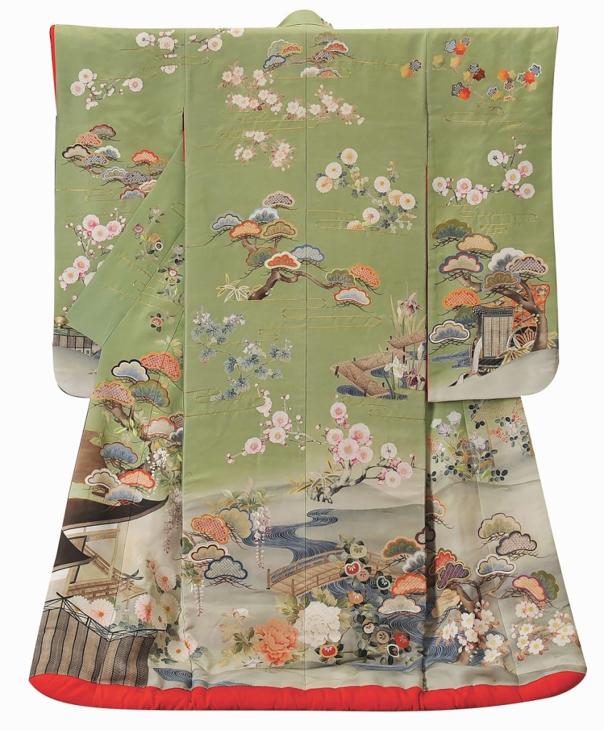 “Uchikake with Palace Garden Design, Made for Iida Taka, the thirteenth, Madame Nishimura,” by Chiso Co., Ltd, 1913. Yuzen-dyeing and embroidery on woven silk.