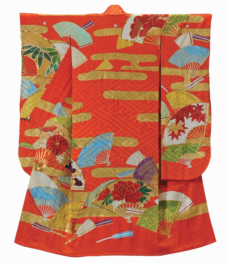 “Furisode with Mist and Fan Design, Made for Kawakami Masako, the fifteenth Madame Nishimura” by Chiso Co., Ltd, 1971. Embroidery and gold leaf on woven silk.