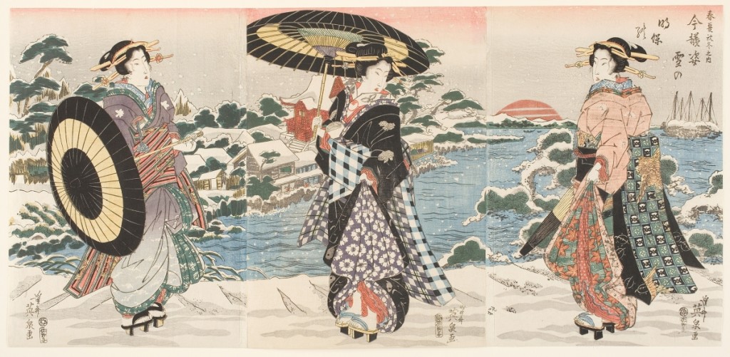 “Modern Figures on a Snowy Day” by Keisai Eisen (1790-1848), early to mid-1820s, from the series “The Four Seasons,” published by Sanoya Kihei. Color woodblock print with graduated colors (bokashi) and blind-printing (karazuri). John Chandler Bancroft Collection.