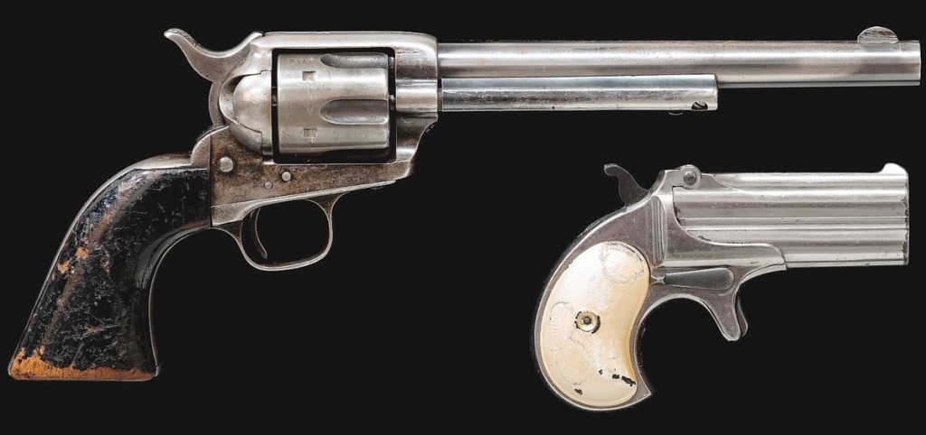 Used by Richard Boone as he played Paladin in the series Have Gun — Will Travel, this pair of pistols went out at $32,450. It featured a Colt single action and a Remington Deringer.