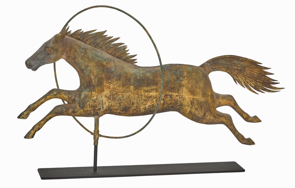 This horse and hoop weathervane, attributed to A.L. Jewell, flew the highest of all of the weathervanes from the Beach estate. It sold to an online bidder for $20,312 ($10/15,000).