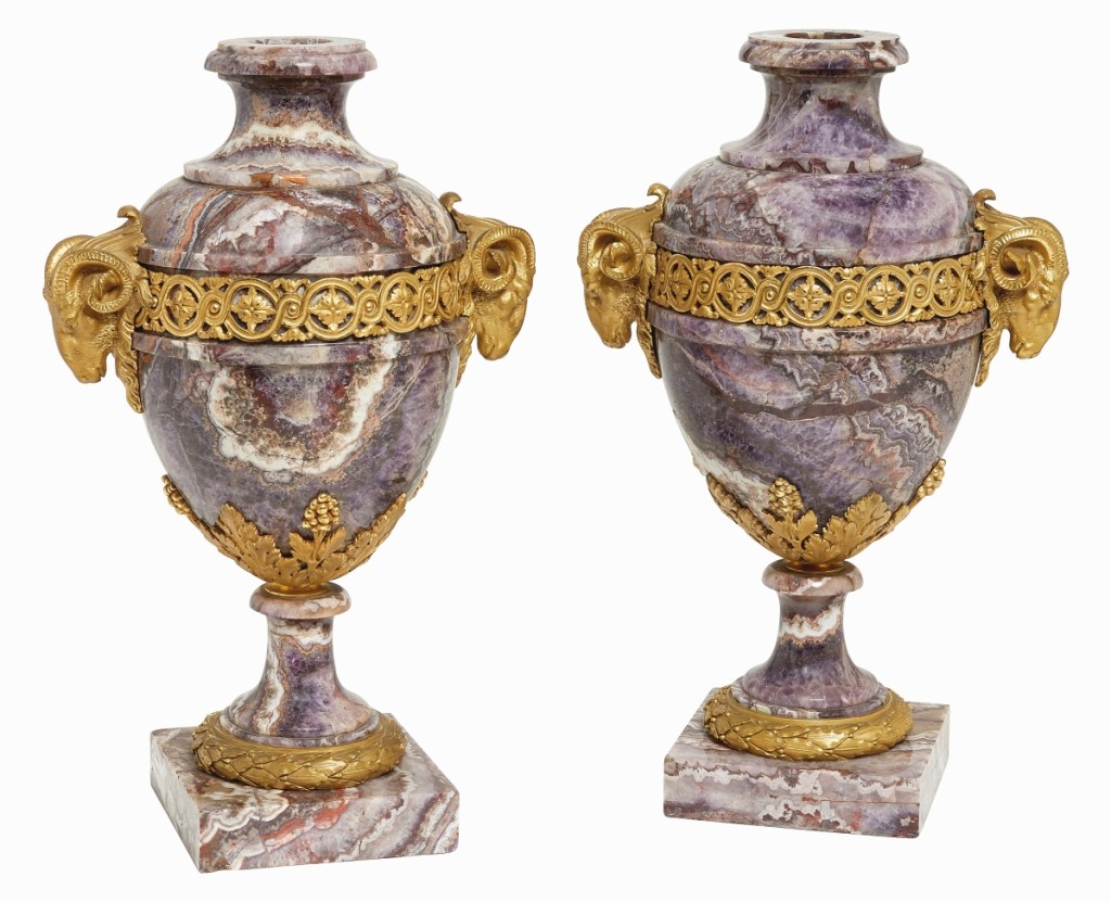 This pair of French gilt-bronze mounted breche violette marble urns, which stood 14½ inches high, set the high bar for English or European works, selling to a buyer in Los Angeles for $14,025 ($1,5/2,500).