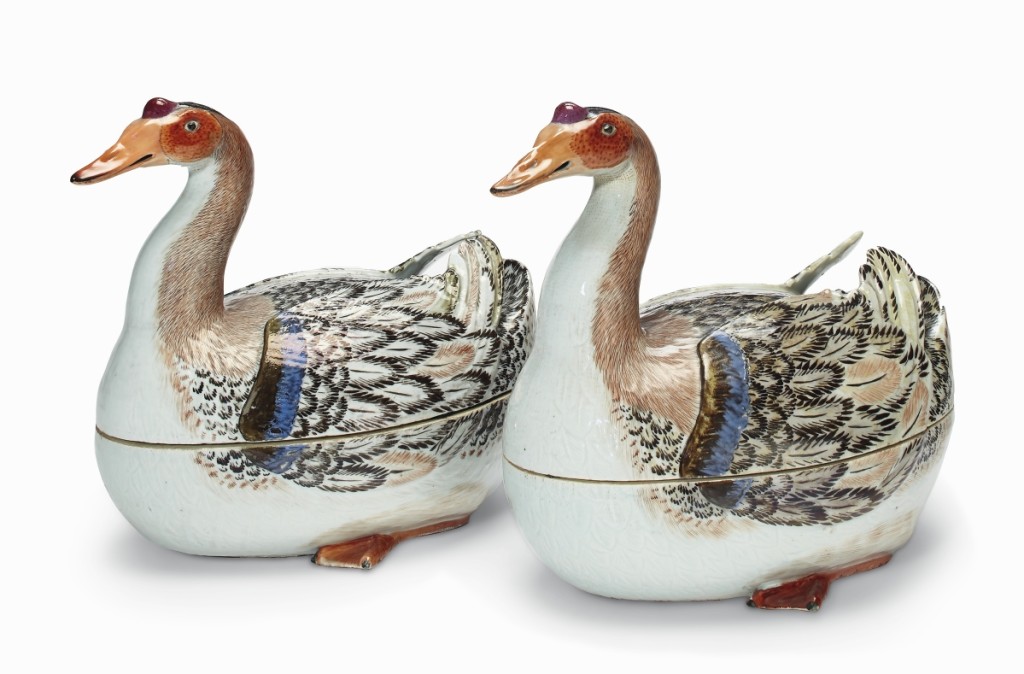 Swimming into the lead in the sale of Chinese export works of art was this pair of Qianlong period goose tureens and covers from the Tibor collection. An international bidder took them for $150,000 ($125/175,000).