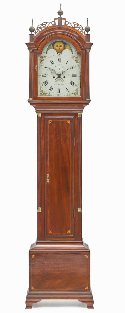 Bringing $15,300 and the third highest price in the sale was this Federal inlaid tall case clock with a dial inscribed S. Willard Warranted for M. Elisha Hall. It sold to an East Coast buyer ($15/25,000).