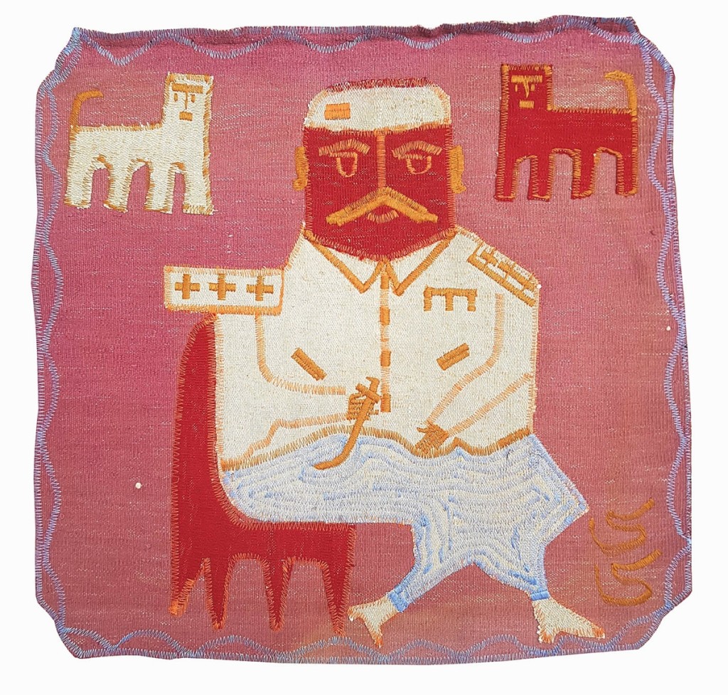 Based in Tehran, Iran, the Outsider Inn Gallery is the only gallery dedicated to Art Brut and self-taught artists in the country, it says. Alireza Asbahi Sisi (b 1969), aka CC, began working in clothes manufacturing after the fifth grade following his father’s death. When he was 35, he began selling carpets at a bazaar. Now he works as a driver while creating “kilim-arts,” which encompasses the work here, an untitled sewing and collage on carpet.