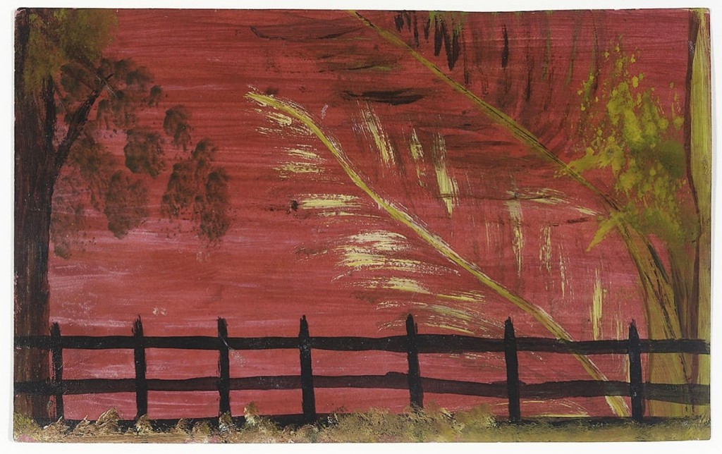 Hirschl & Adler had success with selling the Antiguan artist Frank Walter. This is one of two works featured in the gallery’s viewing rooms centered on a picket fence landscape. This example with a red sky, the other with a dark blue night sky. Oil on photographic paper, 5 by 8 inches.