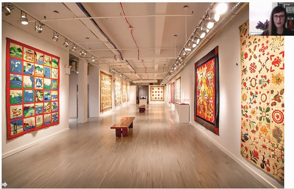 Curator of folk art Emelie Gevalt led viewers through a virtual tour of “Signature Styles: Friendship, Album, and Fundraising Quilts.”