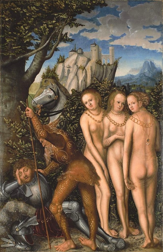 “The Judgment of Paris” by Lucas Cranach the Elder and workshop (Kronach 1472-1553 Weimar), oil on panel, 24-  by 15-  inches, $450,000. Robert Simon Fine Art, New York City.