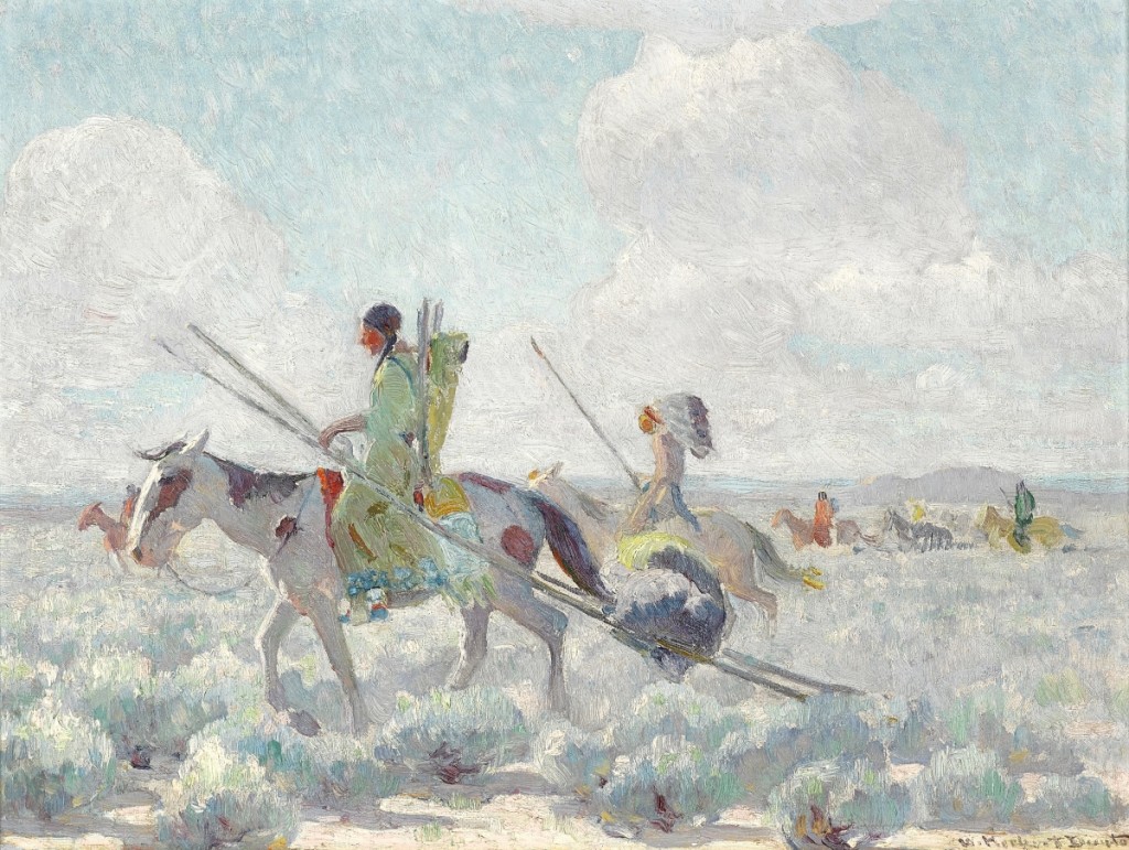 William Herbert Dunton (1878-1936), “Blackfeet Indians moving to the Buffalo Range,” oil on canvas, 16 by 20 inches, to be offered February 26 ($60/80,000).