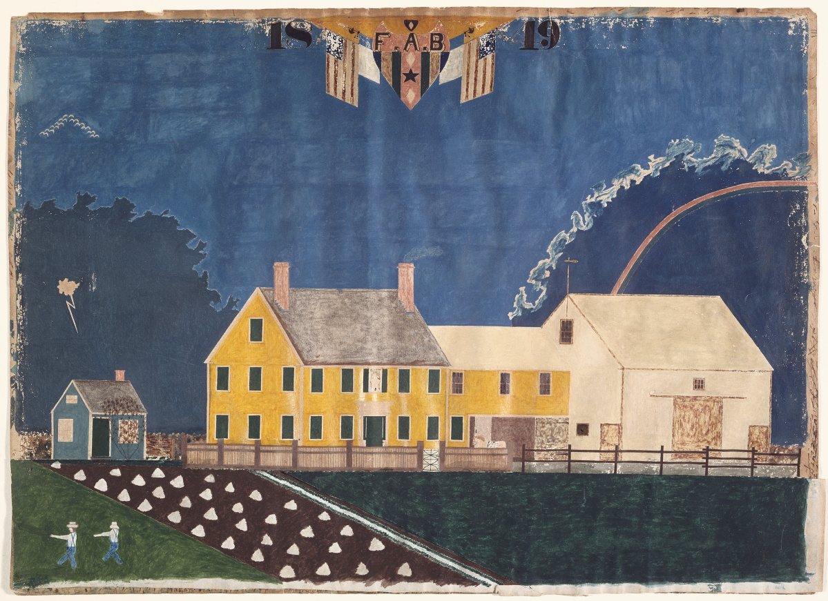“Farmstead in Passing Storm,” unidentified artist, 1849. Opaque watercolor, tempera, graphite pencil and pen and brown ink with collage on paper. Gift of Maxim Karolik for the M. and M. Karolik Collection of American Watercolors and Drawings, 1800-1875.