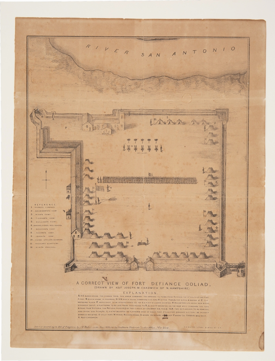“A Correct View of Fort Defiance Goliad, Drawn by Adjutant Joseph M. Chadwick of N. Hampshire,” lithograph print published in 1836 by A.E. Baker, 8 Wall Street, New York City, that depicted Colonel James Fannin’s defenses at Fort Defiance. The 13¾-by-18-inch map is the only known printed version and saw competition from multiple bidders; it led the sale, bringing $250,000 from a private American collector bidding on the phone.